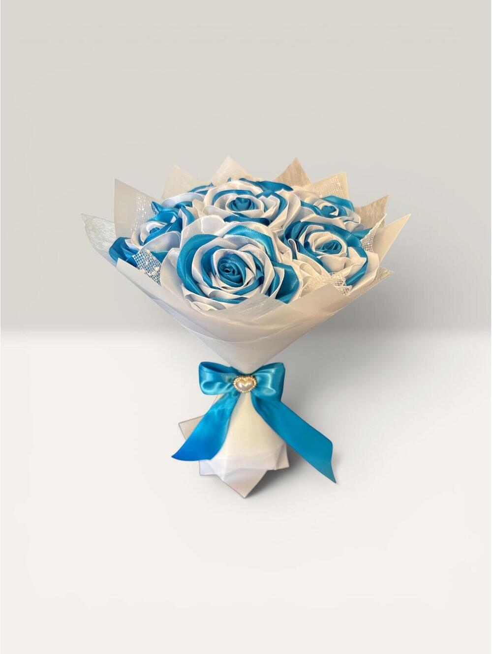 Handmade Blue and White Satin Rose Bouquet with Satin Bow